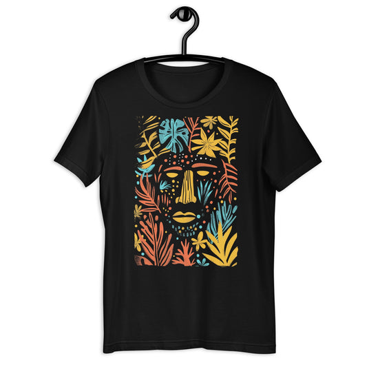 Caribbean Leaves Pattern Line Art T-Shirt - Bold Black Apparel