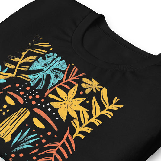 Caribbean Leaves Pattern Line Art T-Shirt - Bold Black Apparel