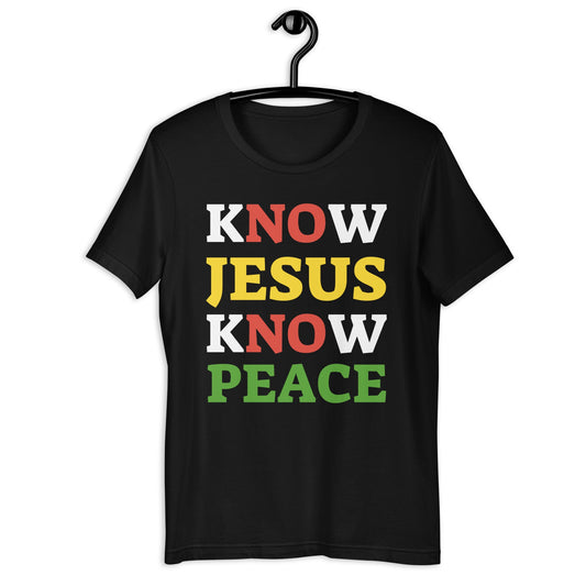 Know Jesus Know Peace Pan African Colors T-Shirt - Bold Black Apparel