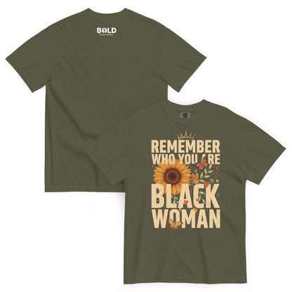 Remember Who You Are Black Woman Heavyweight T-Shirt - Bold Black Apparel