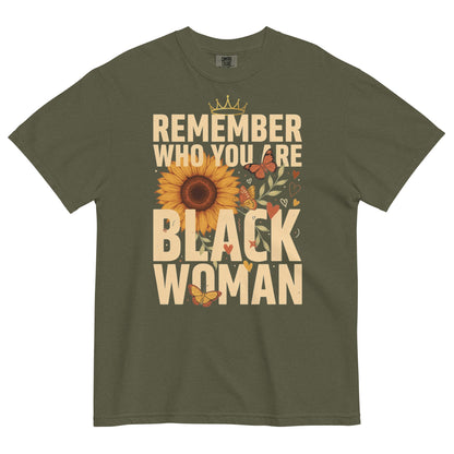 Remember Who You Are Black Woman Heavyweight T-Shirt - Bold Black Apparel