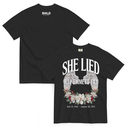 She Lied R.I.P. Emmett Till Memorial Heavyweight T-Shirt - Bold Black Apparel