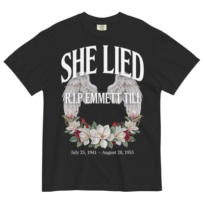 She Lied R.I.P. Emmett Till Memorial Heavyweight T-Shirt - Bold Black Apparel