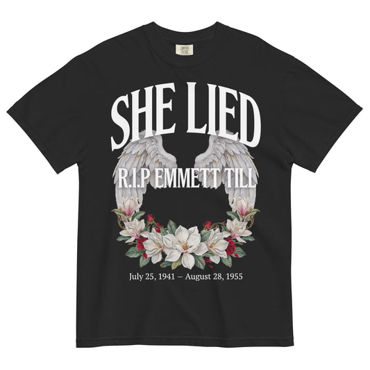 She Lied R.I.P. Emmett Till Memorial Heavyweight T-Shirt - Bold Black Apparel
